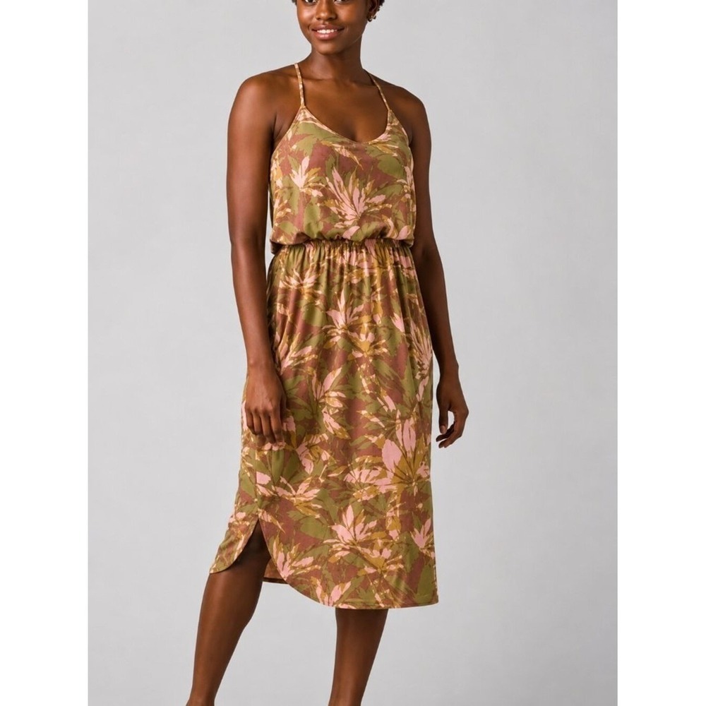 PRANA Ayla Tropical Floral Cloud Blush Soft Knit Active Midi Dress SZ XS Boho